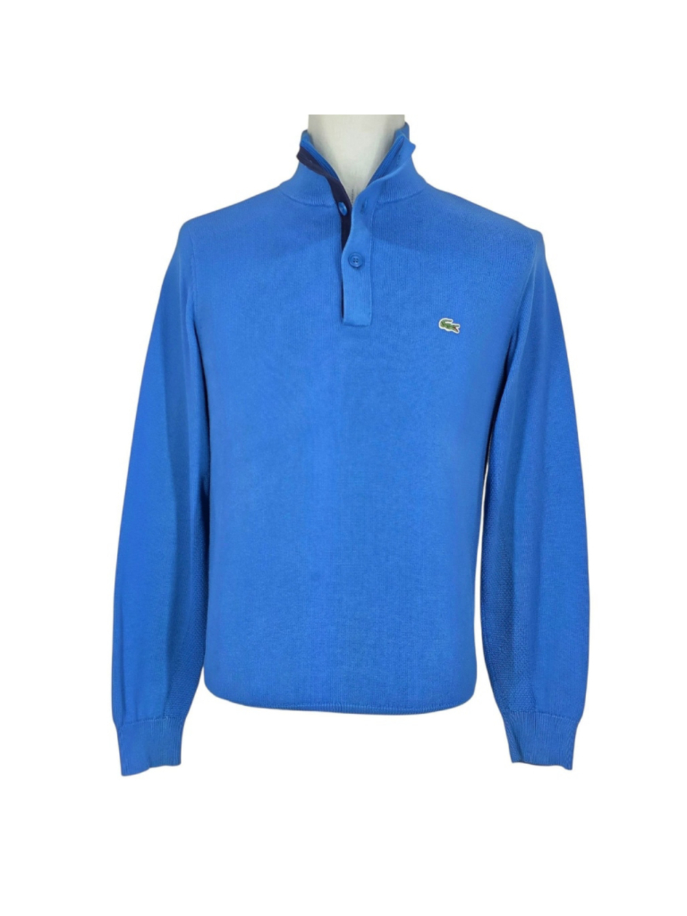 Lacoste Men's Sweater Size 3 S 100% Cotton Blue Mock Neck 1/4 Zip Button Peru